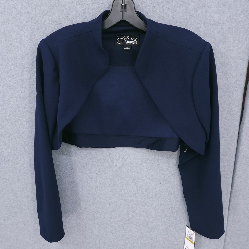 Alex Evenings Cropped Jacket Navy Open Front Long Sleeve Womens Size 14P NWT
